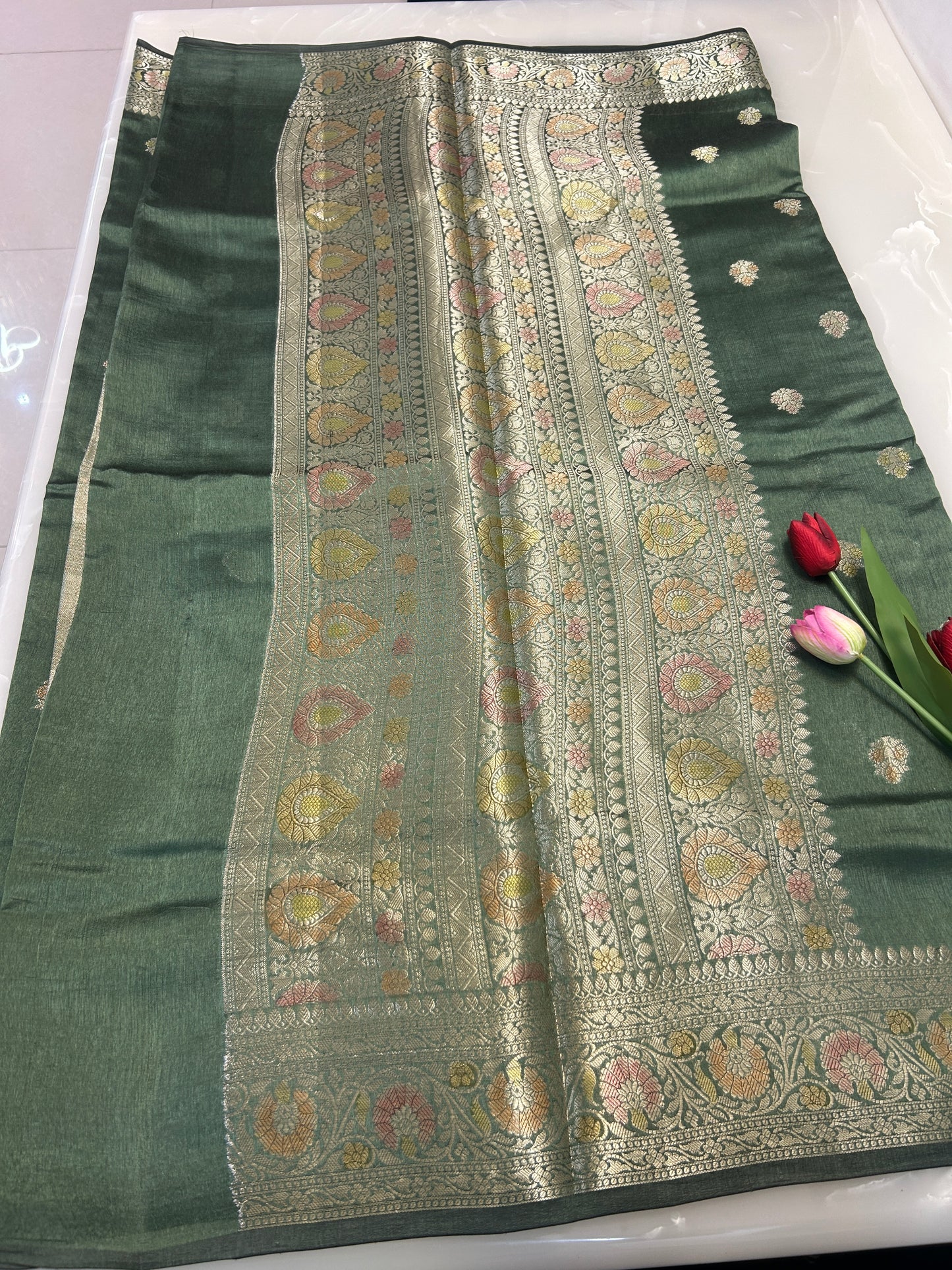 Sage green color Dupion Silk Handloom Banarasi Saree (Copy)