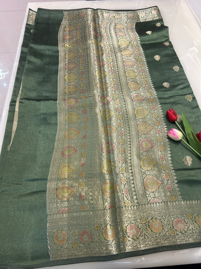 Sage green color Dupion Silk Handloom Banarasi Saree (Copy)