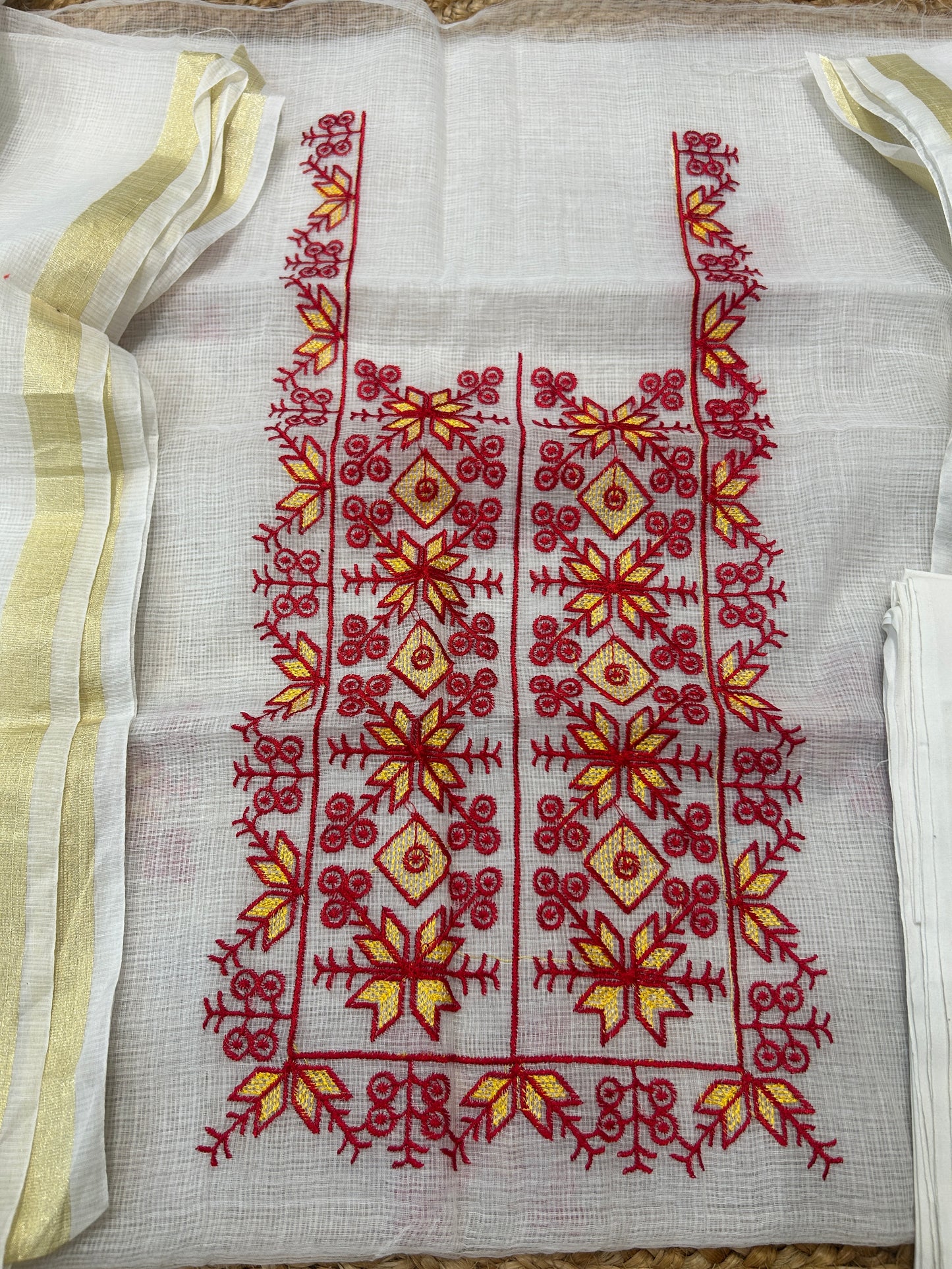 Red & Mustard Embroidered Mix Cotton Kota Doria 3-Piece Unstitched Suit Set