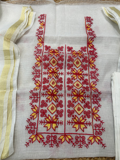 Red & Mustard Embroidered Mix Cotton Kota Doria 3-Piece Unstitched Suit Set