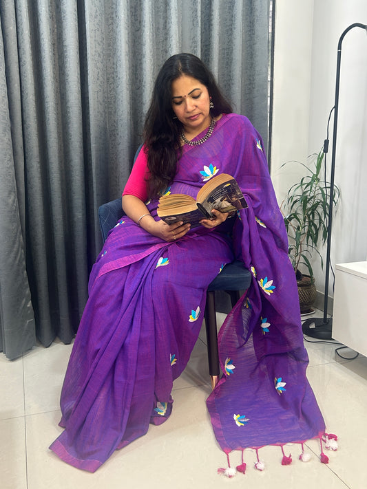 Purple color Mulcotton saree with multicolor embroidery butta SMC239