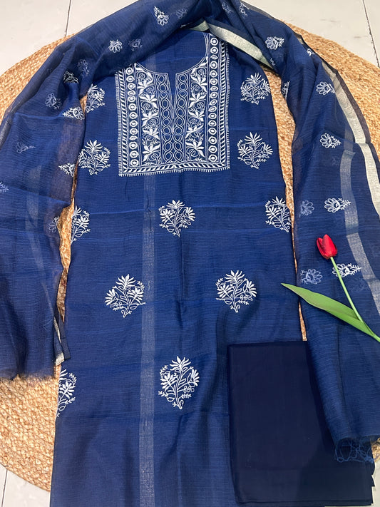 Navy Blue Mix Cotton Kota Doria Unstitched Suit Set