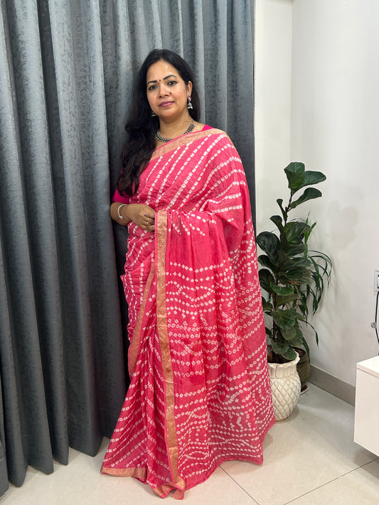 Pink Bandhani Saree with Lehariya pattern and  Zari Border SB192