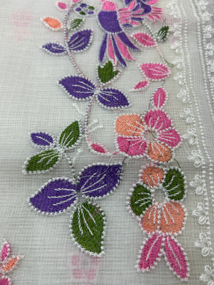 Ivory White Embroidered Mix Cotton Kota Doria 3-Piece Unstitched Suit Set