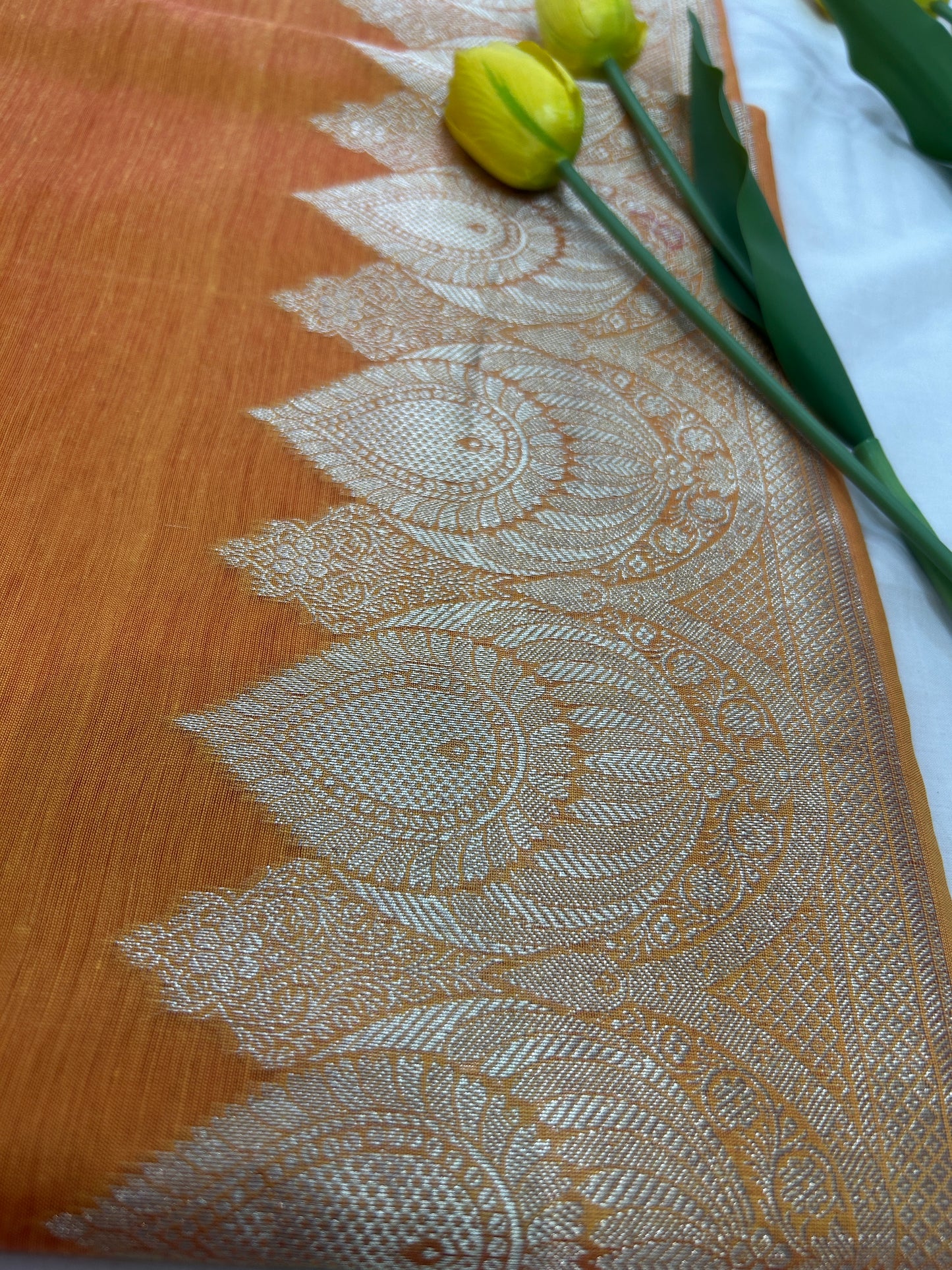 Mango yellow with Solid color body Banarasi 3 piece set