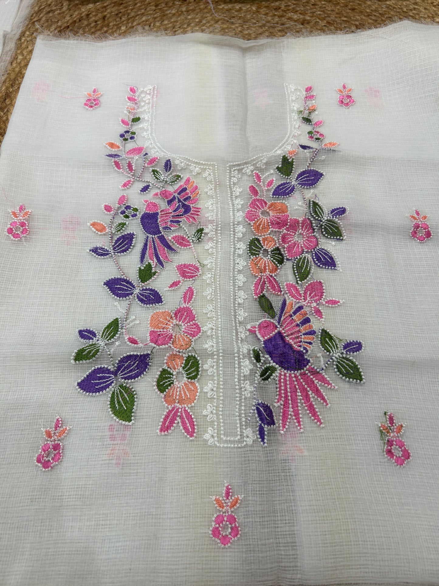Ivory White Embroidered Mix Cotton Kota Doria 3-Piece Unstitched Suit Set