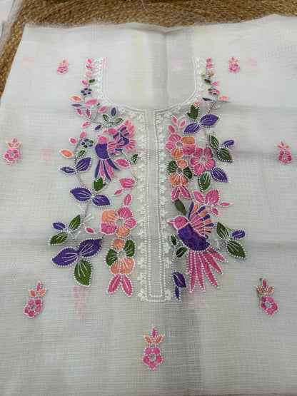 Ivory White Embroidered Mix Cotton Kota Doria 3-Piece Unstitched Suit Set