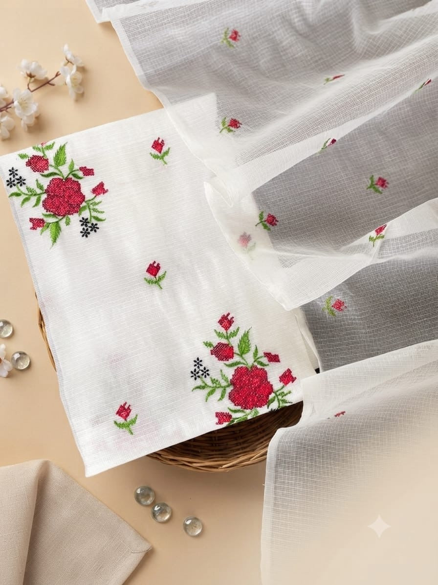 White and red cross stitched embroidery Kota Doria 3-Piece Dress Material