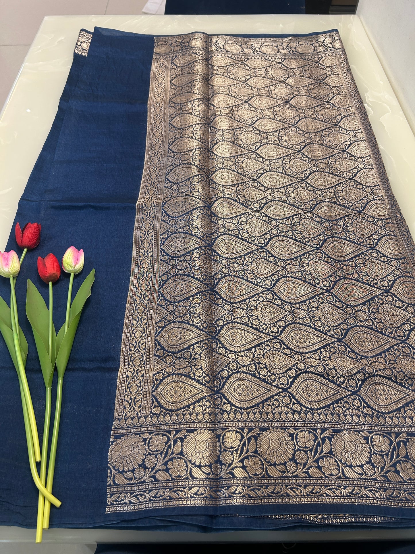Deep blue color plain body Dupion Silk Handloom Banarasi Saree