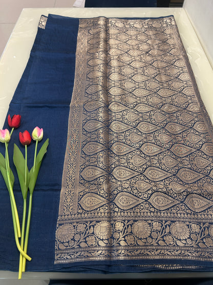 Deep blue color plain body Dupion Silk Handloom Banarasi Saree