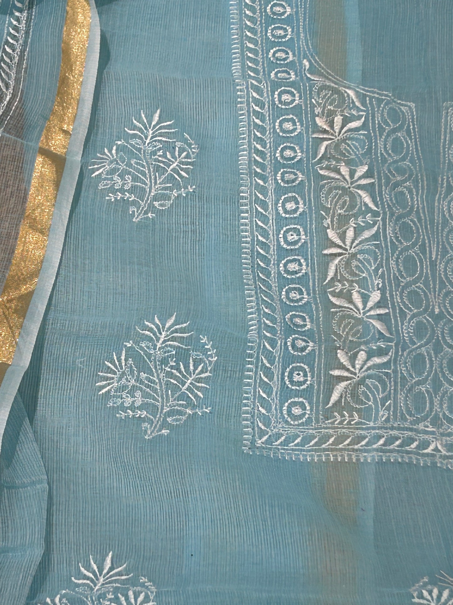 Aqua Blue Mix Cotton Kota Doria Unstitched Suit Set