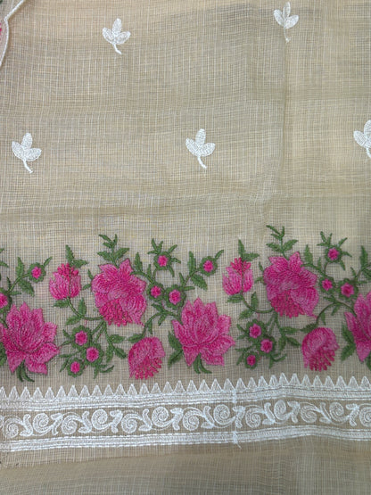 Beige Floral Embroidered Mix-Cotton Unstitched Suit Set