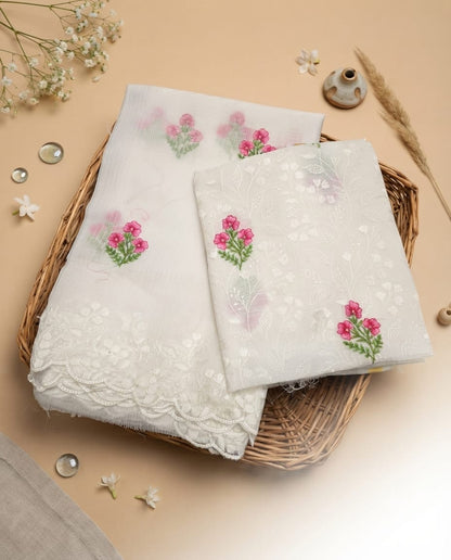 White and pink Embroidered Mix Cotton Kota Doria 3-Piece Dress Material