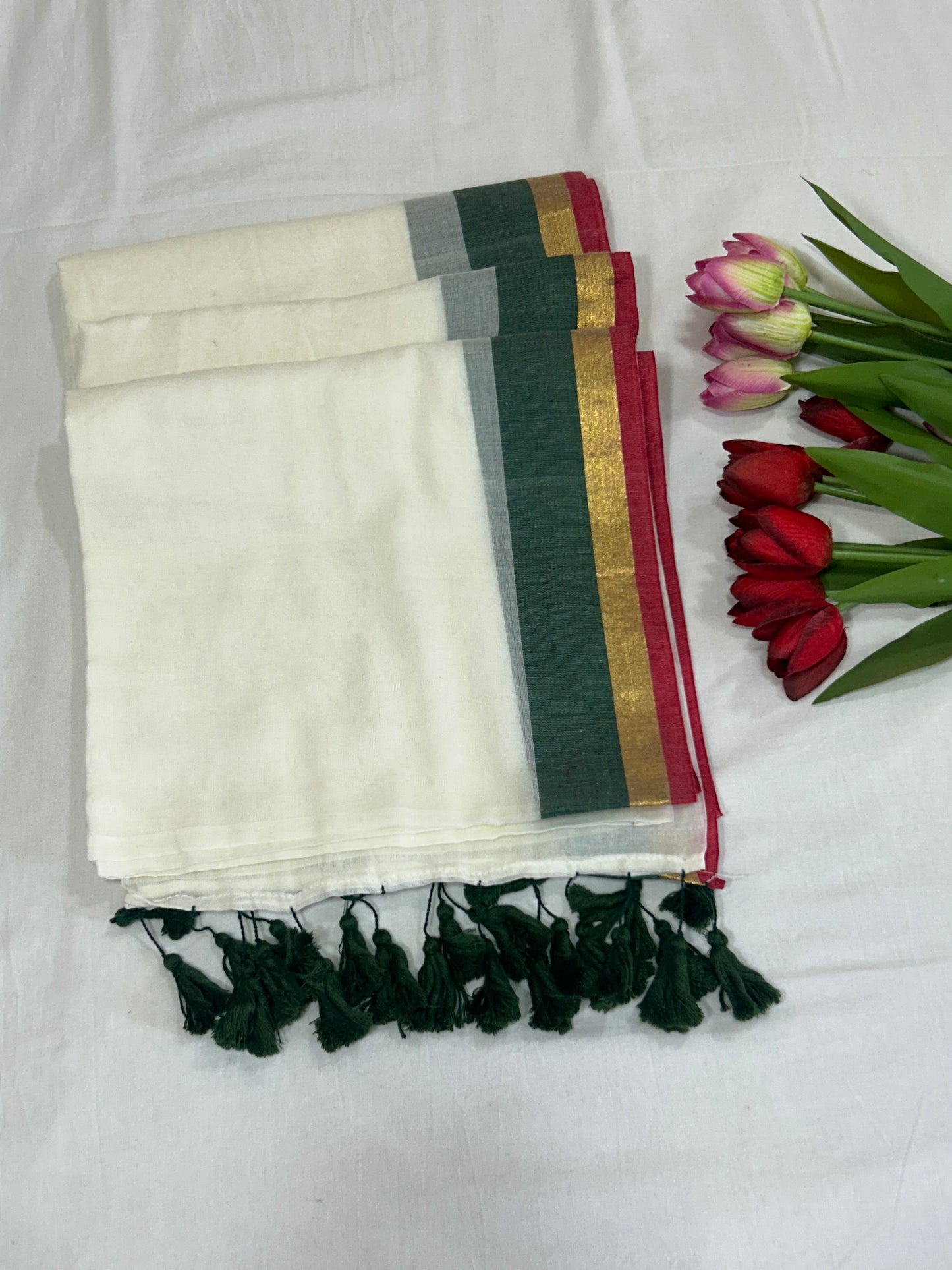 Creamish white Mulcotton saree with green, Golden and red stripes border SMC 232