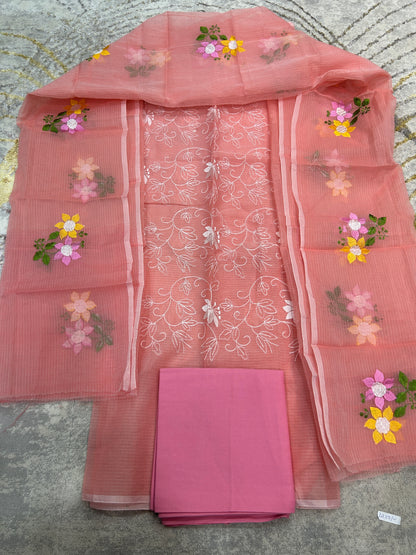 Peach color Embroidered Kota Doria 3 piece unstitched Dress Material