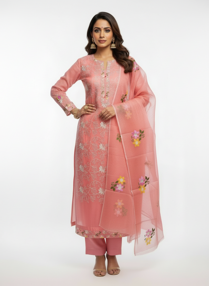 Peach color Embroidered Kota Doria 3 piece unstitched Dress Material