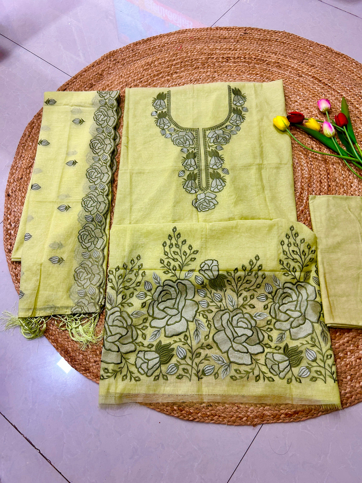 Pastel Pistachio Green Floral Mulcotton 3-Piece Suit Set