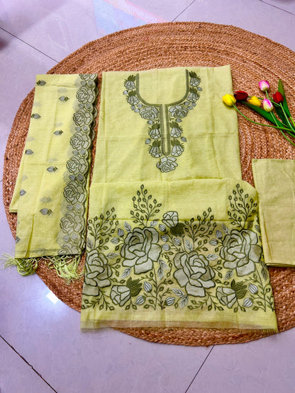 Pastel Pistachio Green Floral Mulcotton 3-Piece Suit Set