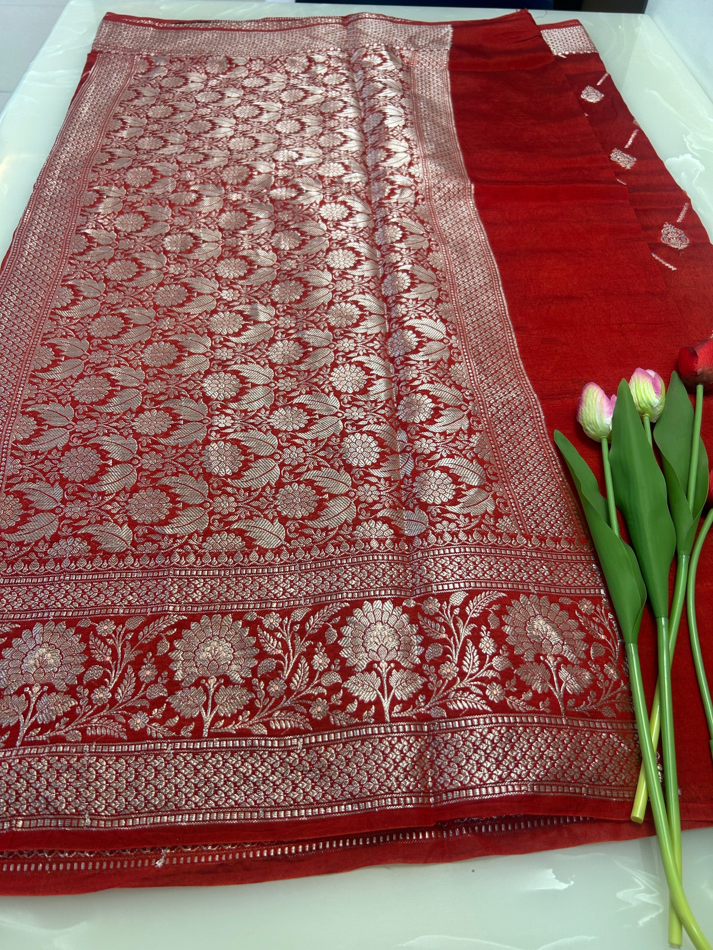 Red color Dupion Silk Handloom Banarasi Saree
