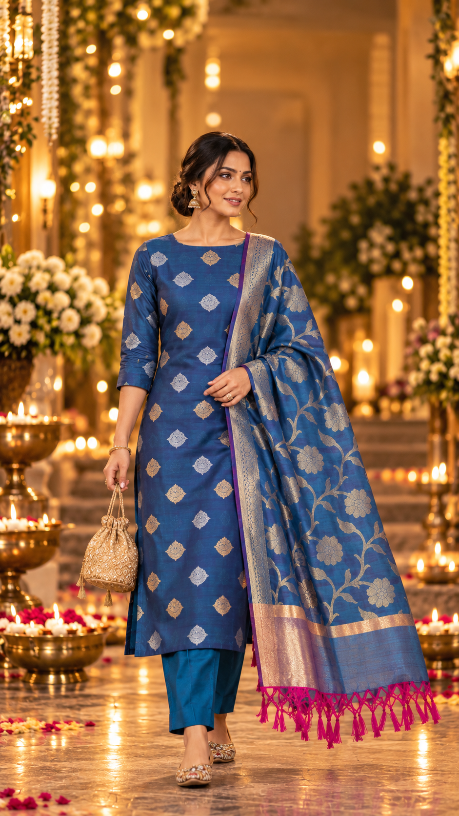 Peacock Blue Cotton Silk  Banarasi 3-Piece Suit Material