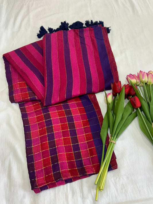 Rainbow mulcotton with majenta and purple blue checked pattern body and vertical striped pallu SMC 234