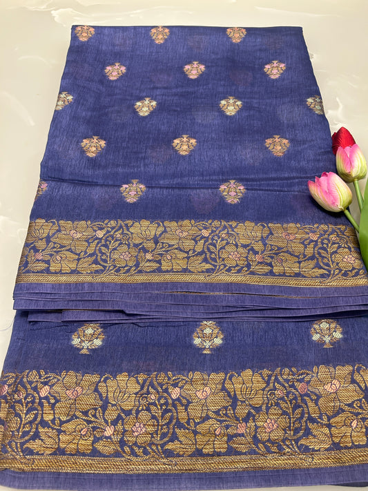 Steel Blue color Dupion Silk Handloom Banarasi Saree