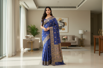 Steel Blue color Dupion Silk Handloom Banarasi Saree