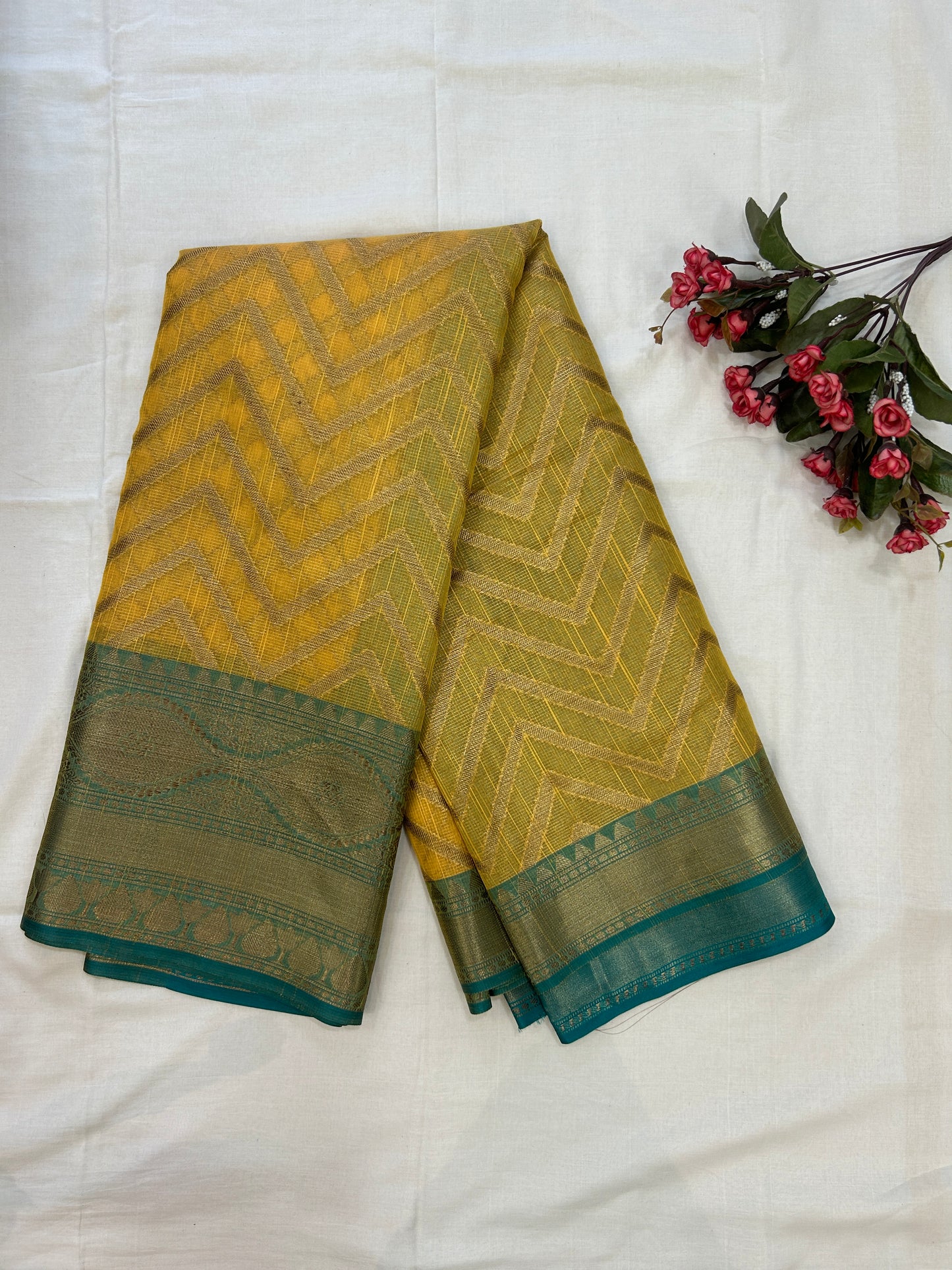 Mustard Yellow with Teal Border & Antique Gold Zari Linen Tissue Banarasi saree with Brocade blouse piece