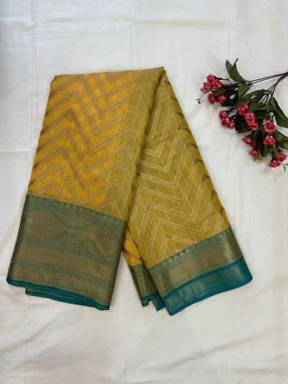 Mustard Yellow with Teal Border & Antique Gold Zari Linen Tissue Banarasi saree with Brocade blouse piece