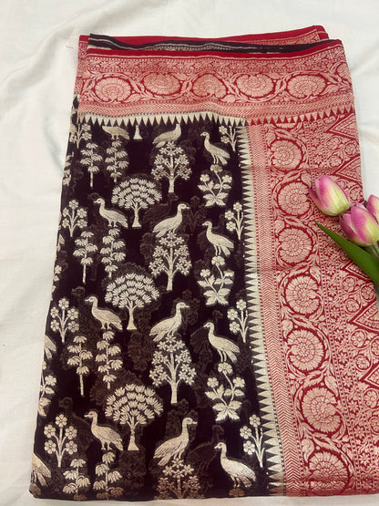 Dark coffee brown Handwoven Handloom Khaddi Georgette Banarasi Saree with contrast red blouse