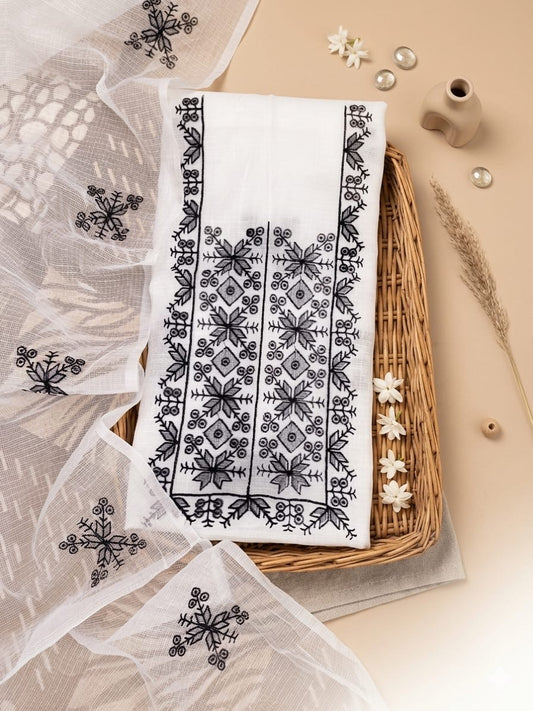 White & Black Floral Embroidered Mix Cotton Kota Doria 3-Piece Suit Set