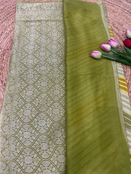 Authentic Handloom Pistachio Green Pure Georgette Khaddi weaving Saree