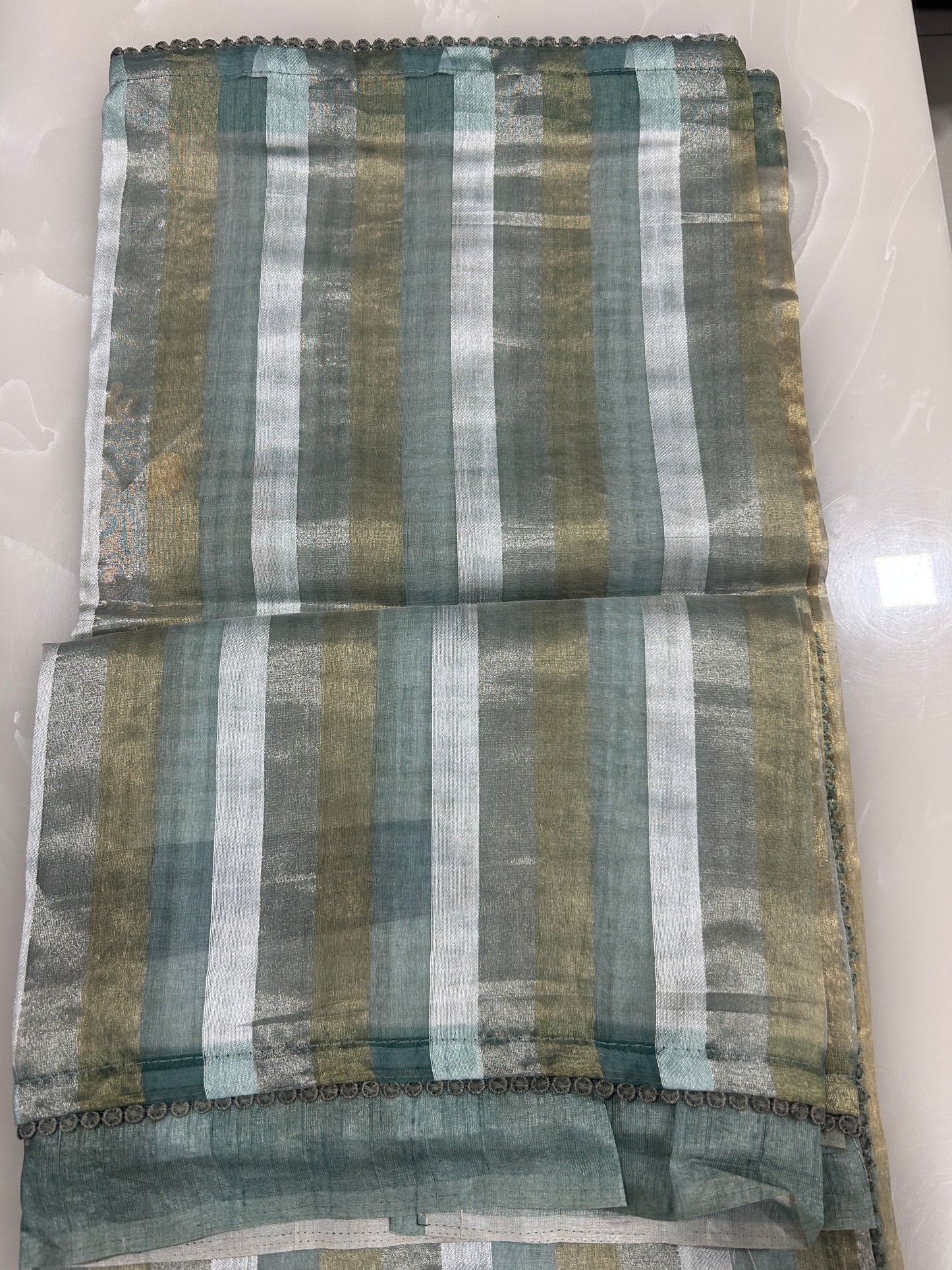 Pure tissue and Organza silver and golden vertical striped saree SO220