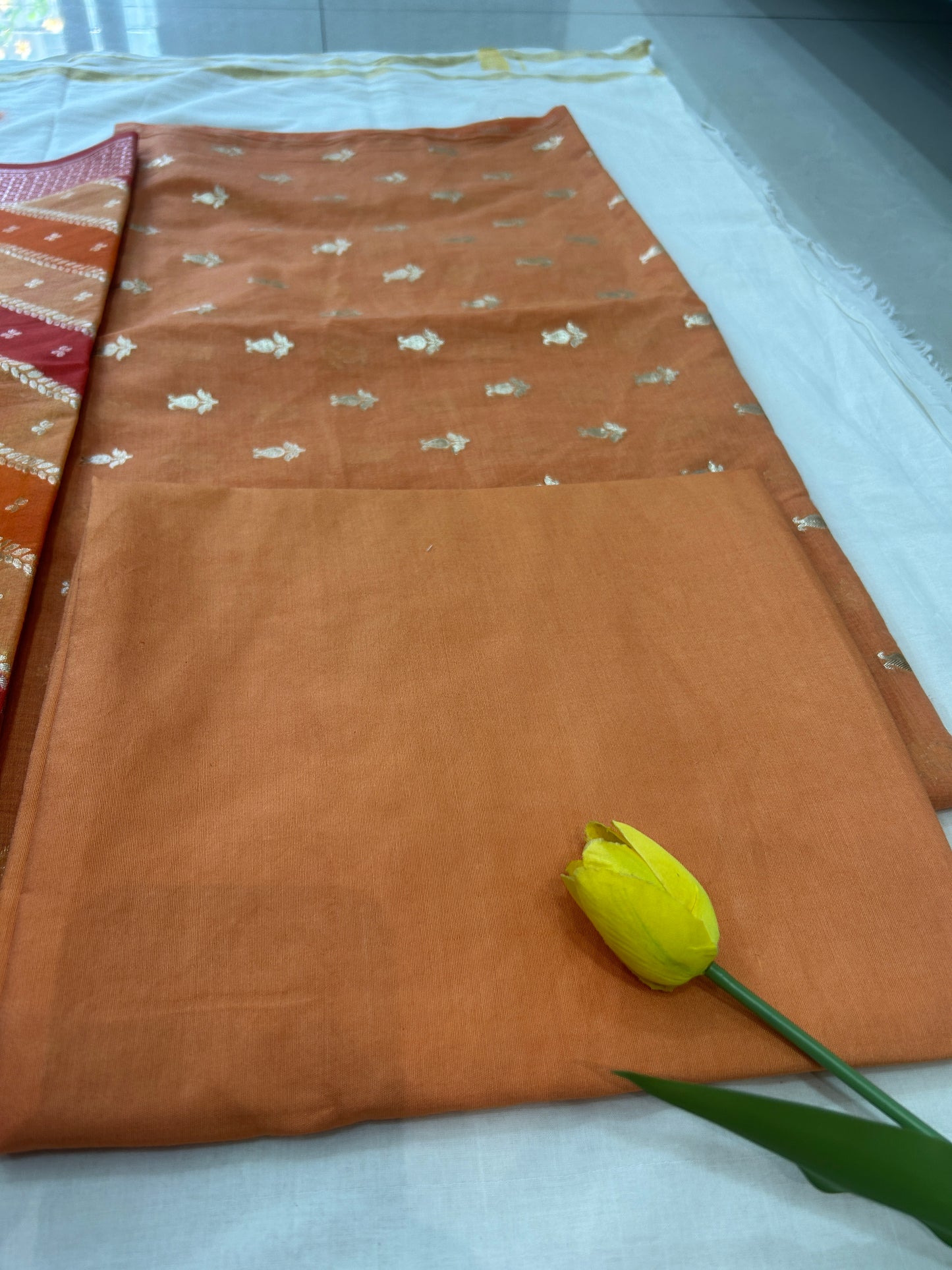 Rust orange golden butti banarasi 3 piece set with diagonal striped dupatta