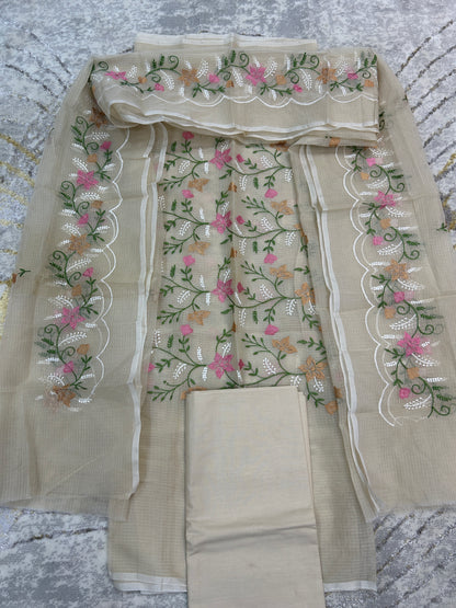 Beige Floral Embroidered Kota Doria 3 piece unstitched Dress Material