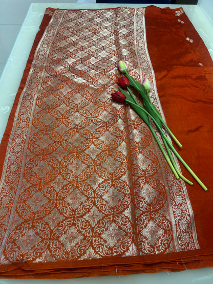 Rust Orange color boarderless  Dupion Silk Handloom Banarasi Saree