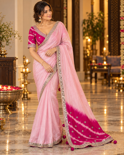 Baby Pink  color designer party wear Saree with  Dark pink heavy handwork designer ready made blouse  - SPW182
