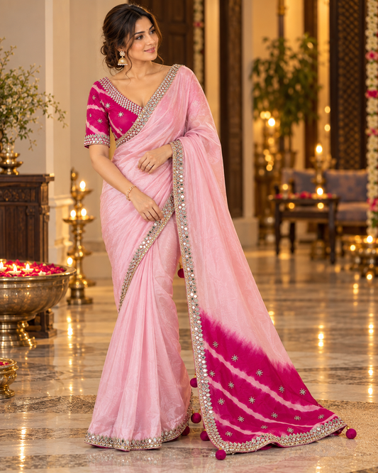 Baby Pink  color designer party wear Saree with  Dark pink heavy handwork designer ready made blouse  - SPW182