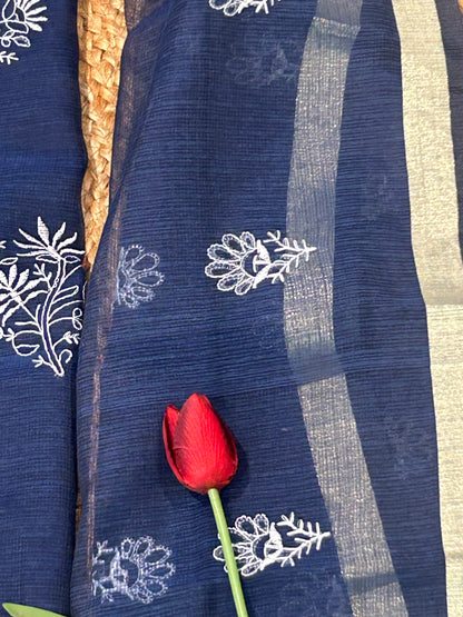 Navy Blue Mix Cotton Kota Doria Unstitched Suit Set