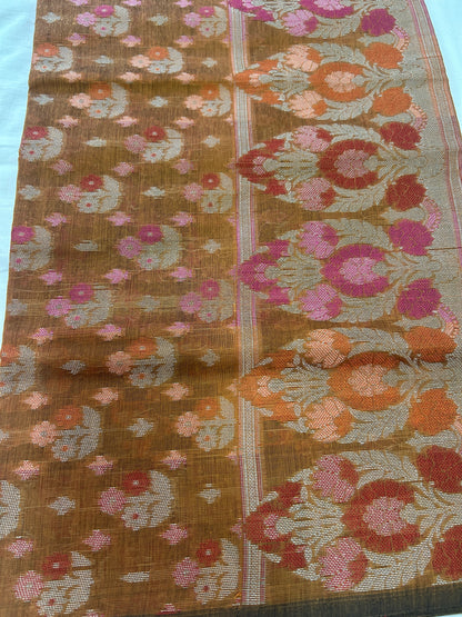 Handwoven Earthy Brown Cotton silk Unstitched Banarasi Suit Set with Resham Weaving