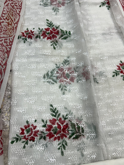 White and red  color printed Kota Doria 3 piece unstitched Dress Material