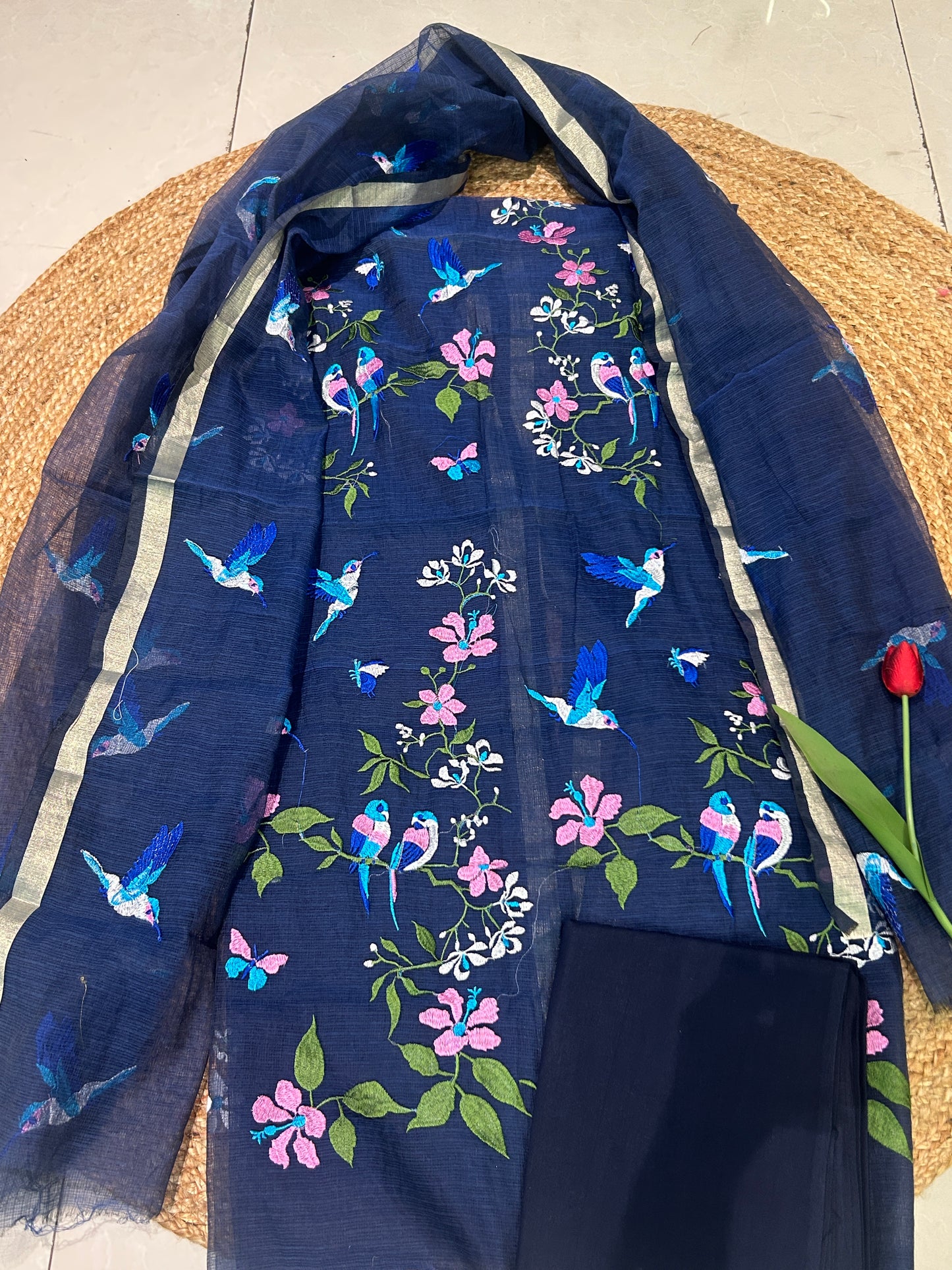 Navy Blue Floral & Hummingbird Embroidered Mixed-Cotton Kota Doria Unstitched Suit Set