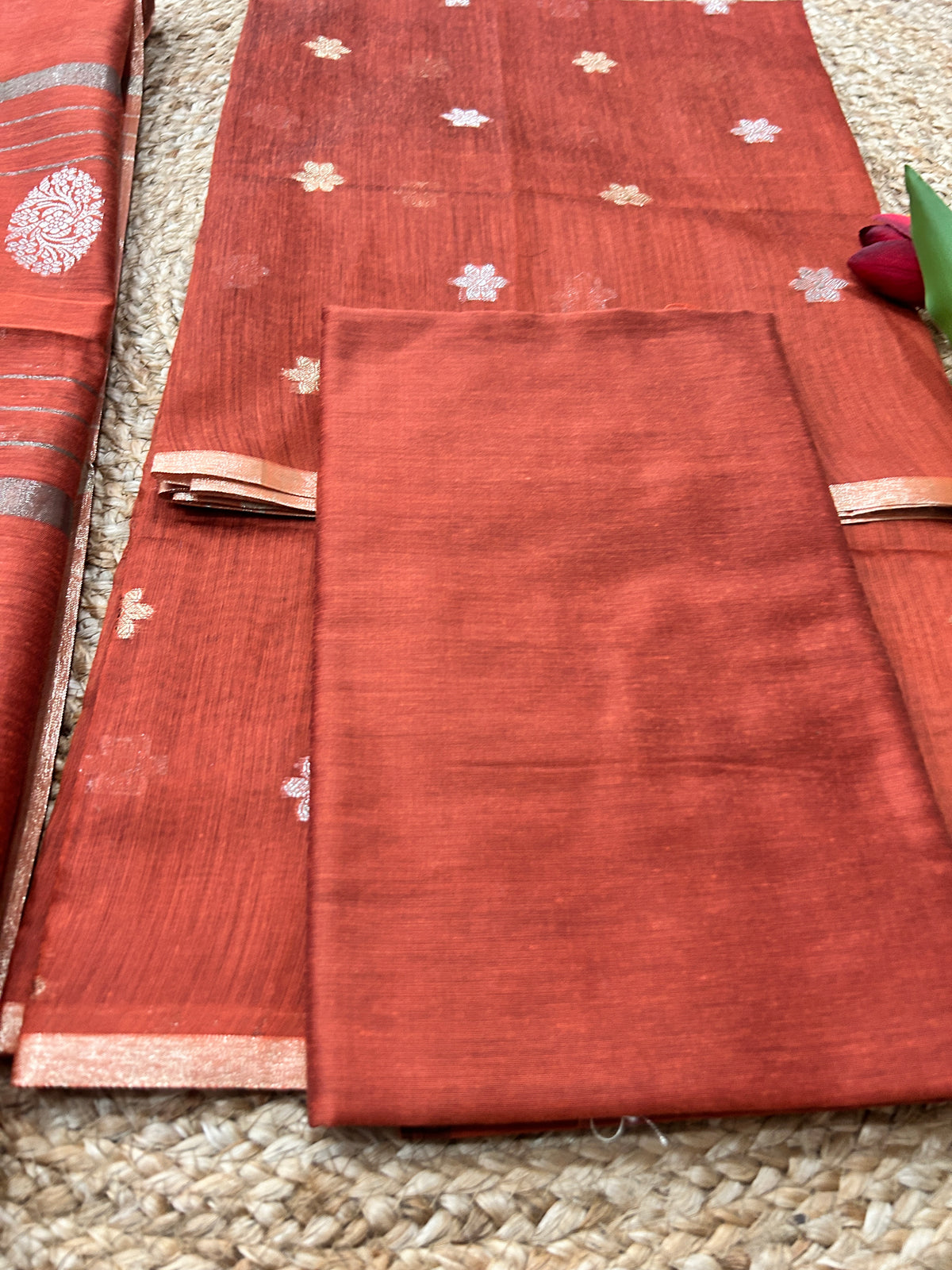 Rust Orange Cotton Silk  Banarasi 3-Piece Suit Material