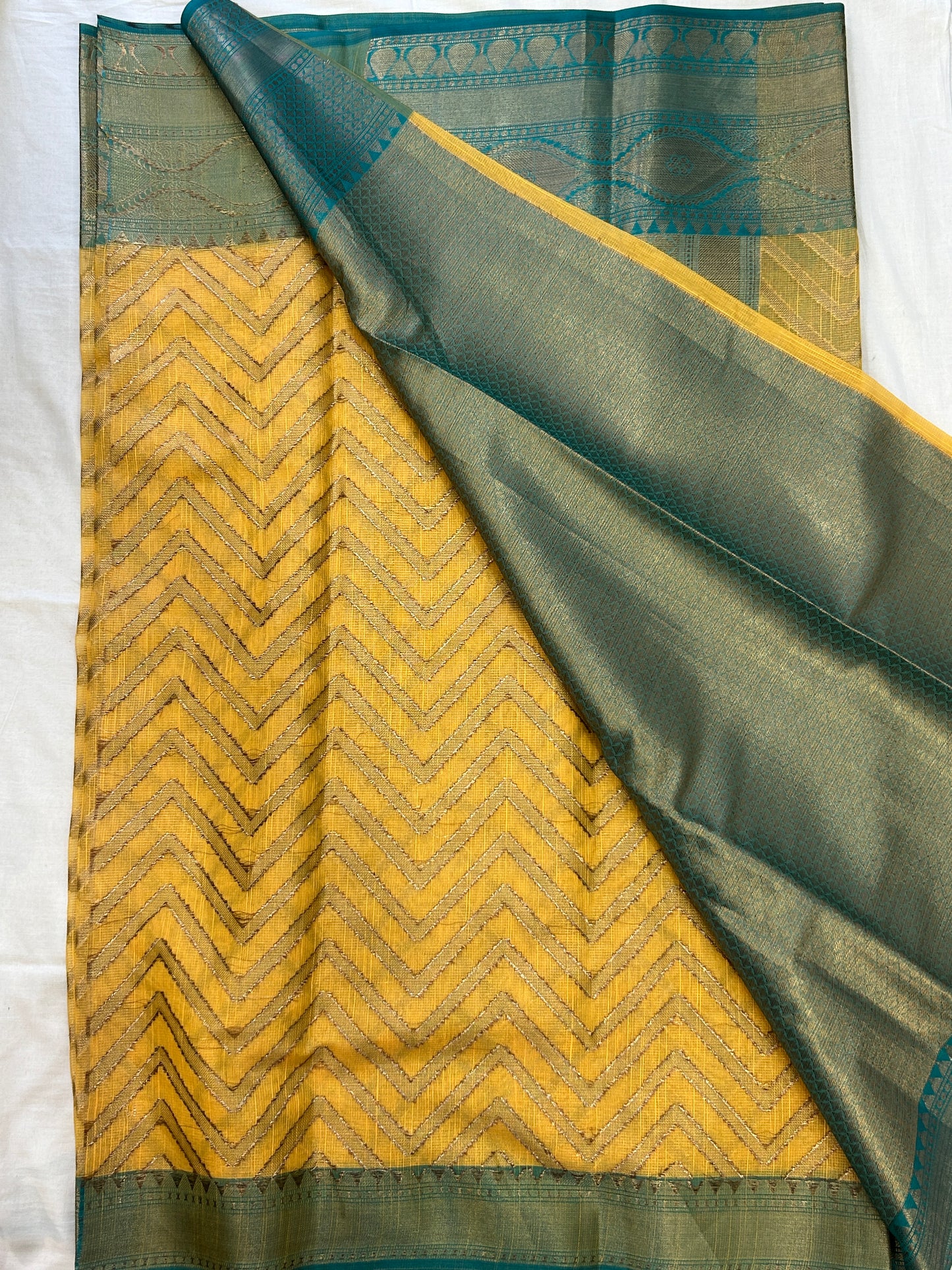 Mustard Yellow with Teal Border & Antique Gold Zari Linen Tissue Banarasi saree with Brocade blouse piece