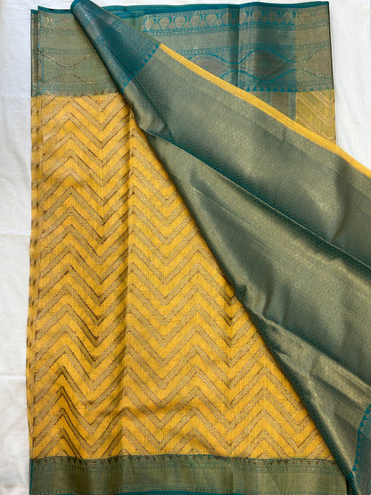 Mustard Yellow with Teal Border & Antique Gold Zari Linen Tissue Banarasi saree with Brocade blouse piece
