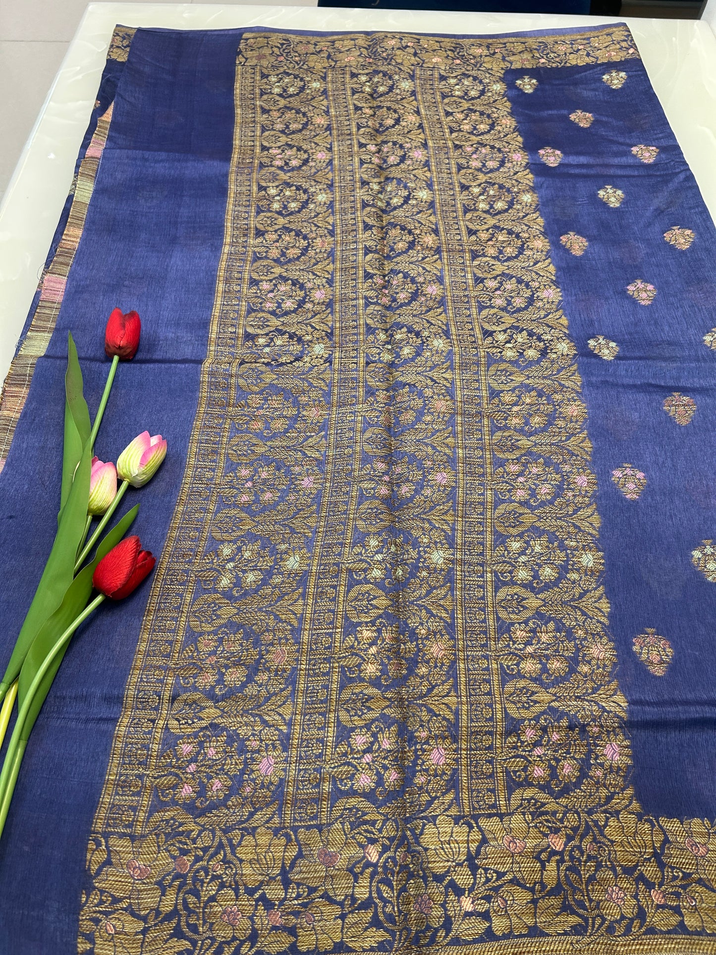 Steel Blue color Dupion Silk Handloom Banarasi Saree