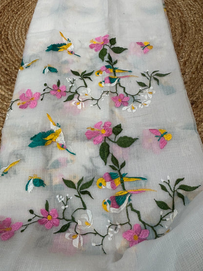 White Embroidered Kota Doria 3-Piece Dress Material