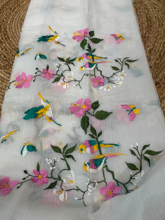 White Embroidered Kota Doria 3-Piece Dress Material