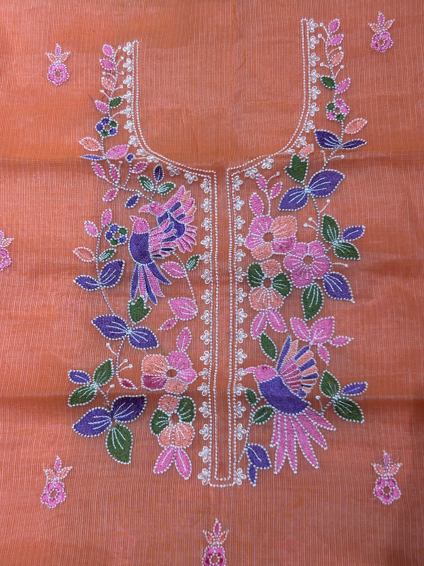 Peach Orange Floral Embroidered Mix Cotton Kota Doria 3-Piece Suit Set