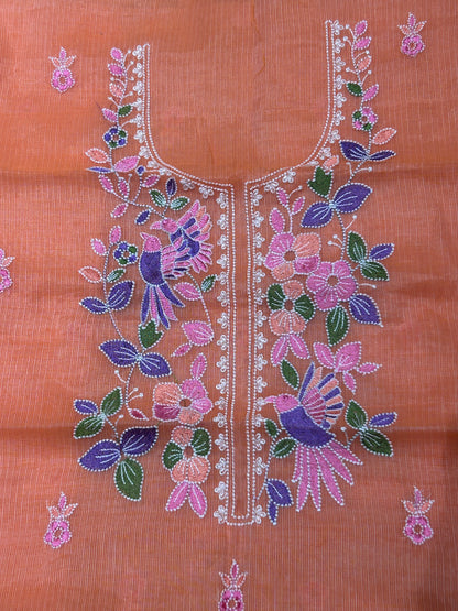 Peach Orange Floral Embroidered Mix Cotton Kota Doria 3-Piece Suit Set